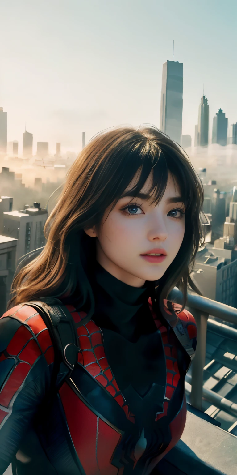 (1girl:1.3), Solo, (((Very detailed face)))), ((Very detailed eyes and face)))), Beautiful detail eyes, Body parts__, Official art, Unified 8k wallpaper, Super detailed, beautiful and beautiful, beautiful, masterpiece, best quality, original, masterpiece, super fine photo, best quality, super high resolution, realistic realism, sunlight, full body portrait, amazing beauty, dynamic pose, delicate face, vibrant eyes, (from the front), She wears Spider-Man suit, red and black color scheme, spider, very detailed city roof background, rooftop, overlooking the city, detailed face, detailed complex busy background, messy, gorgeous, milky white, highly detailed skin, realistic skin details, visible pores, clear focus, volumetric fog, 8k uhd, DSLR, high quality, film grain, fair skin, photo realism, lomography, futuristic dystopian megalopolis, translucent