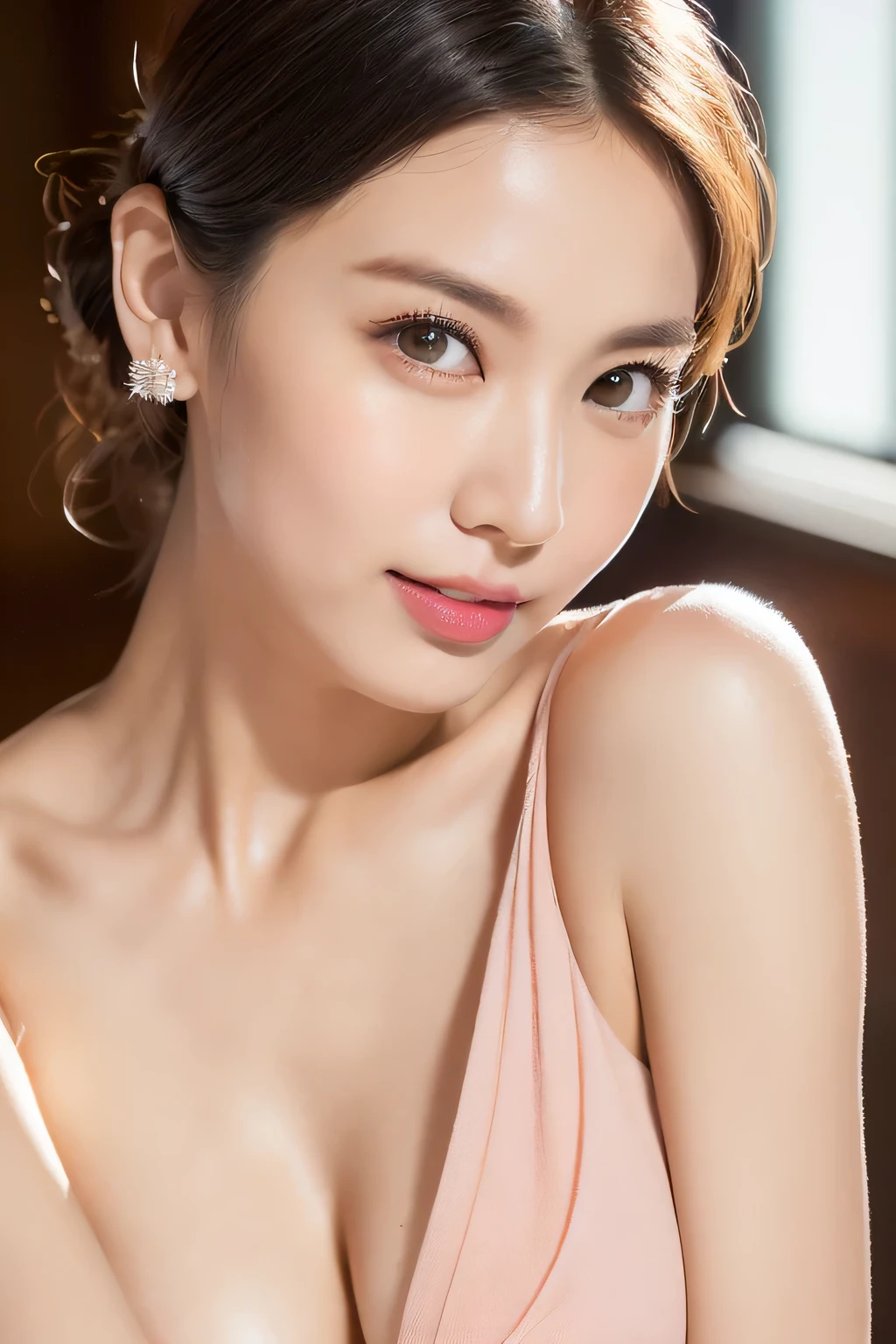 (highest quality, 4k, masterpiece :1.3), 
sharp focus, shallow depth of field, Bright colors, professional level, 
20-year-old, 1 person, (A half Japanese, half Brazilian woman）, beautiful actress face, 
Supple body :1.3, model body shape:1.5, perfect style：1.4, 
narrow shoulders, beautiful clavicle, long and thin legs, 
The beauty of slim abs :1.2, thin waist :1.2, 
super detailed skin, Fair skin, Shiny skin, super detailed face, 
slim facial contour, beautiful small face, Beautiful lined nose, 
super detailed eyes, long slit eyes, brown eyes, double eyelid, Beautiful thin eyebrows, fine long eyelashes, 
super detailed lips, plump lips, glossy pink lips, flushed cheeks, beautiful teeth, 
Beautiful actress&#39;s ennui makeup, pink lipstick, 
dark brown hair, delicate soft hair, 
(hair up, medium short hair, ponytail:1.2), 
layer cut, (dull bangs:1.2), 
gentle smile, open mouth half way, Enchanted expression, stare at the camera, 
(Dress up in a skin-colored, polka-dot tight knit dress:1.2), 
(stylish looking earrings,necklace,bracelet,shiny nail art:1.2), 
(((photorealism,Shoot the whole body from the thighs))), ((The body is facing sideways)), 
dynamic lighting, 

((She is posing naked and sexy with beautiful posture.:1.2)), 
The areola of the breast is beautiful:1.2, 
I&#39;m putting my hand between my crotches:1.2, 
(perfect breast shape, flat chest:1.2), 
It is a small pale pink areola., 
(She has a cute plump butt, My thighs are dazzling),

(Large terrace of a luxury hotel, The ocean horizon spreads out behind the large windows), 
Sitting with legs spread in a recliner, 