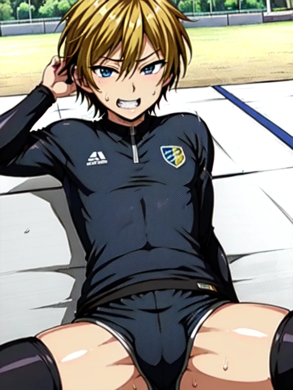 (((official art,Super thin illustration,High resolution, muste piece, best quality,best quality,)))high quality, detailed, (),12 years o)、 A young ace striker male idol with a super cute face,A boy as beautiful as Planding, Cool handsome face with a smile, soccer spike, long legs, thighs, Foots, No bulge, (blonde、short hair)、shiny hair, (Tight shiny random color soccer uniform suit), (tight and shiny soccer shorts), (soccer socks), grassy area, cool pose, (厚いthighs、Seducing a big ass into your crotch)、(((soccer field in the park)))、((Saucy、))、grinning grin、spread legs,ultra fine painting, (best quality, In 4K, 8K, High resolution, muste piece:1.2),service shot、((detailedな目:1.2))、showing off his big butt、proud butt、