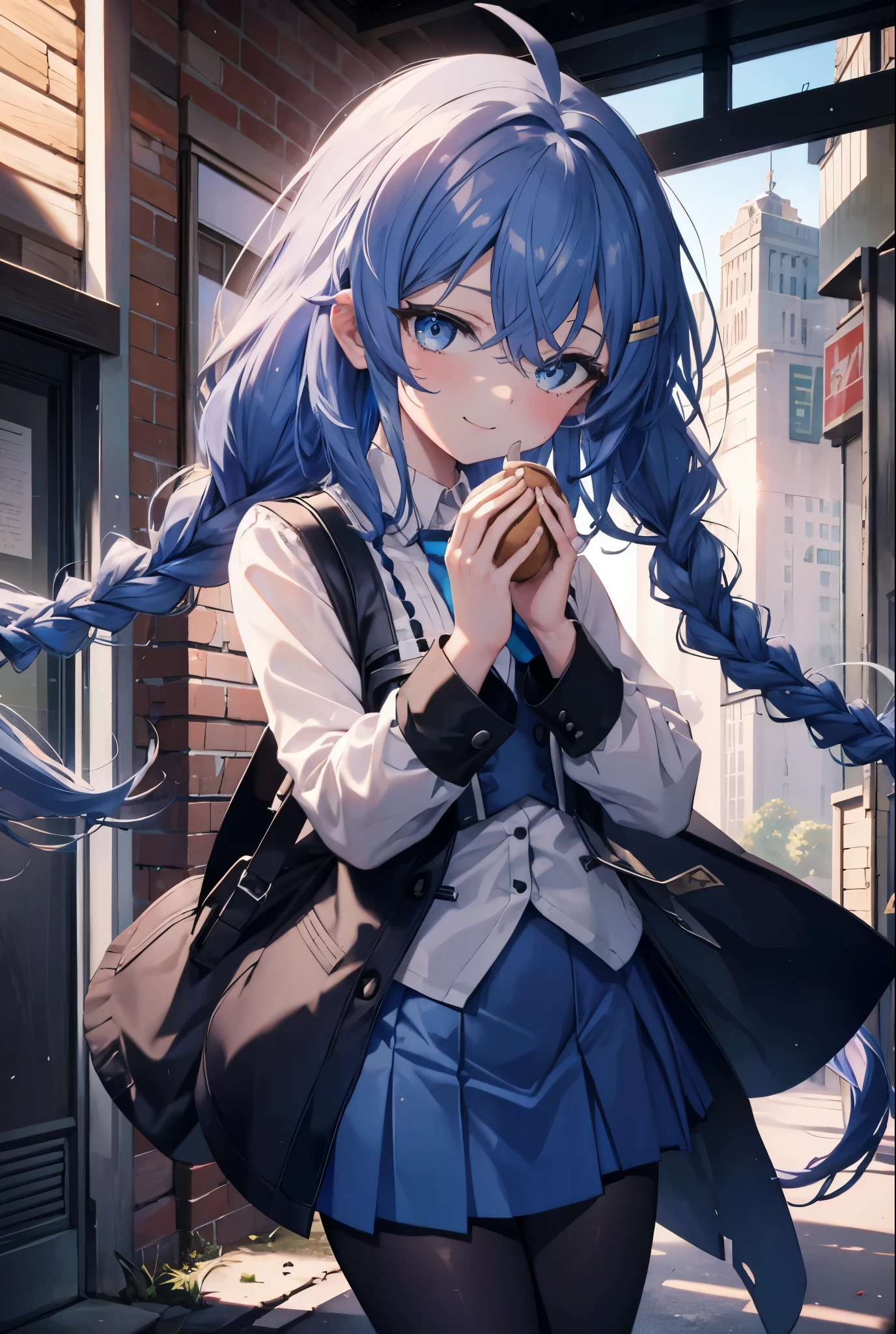 (masterpiece,intricate details),1 girl,mature woman,light _face, BREAK Roxymigurdia, Roxy, Ahoge, black ribbon, blue eyes, blue hair, Braid, hair between eyes, hair ribbon, long hair, twin Braids, very long hair,happy smile, smile, open your mouth, Destroy White Y-Shirt,Blue Blazer,Blue pleated skirt,Gray pantyhose,White Loafers,
壊す looking at viewer,
break outdoors, In town,Destroy a city of buildings (masterpiece:1.2), highest quality, High resolution, unity 8k wallpaper, (figure:0.8), (detailed and beautiful eyes:1.6), 非常に詳細なface, perfect lighting, Very detailed CG, (perfect hands, perfect anatomy),