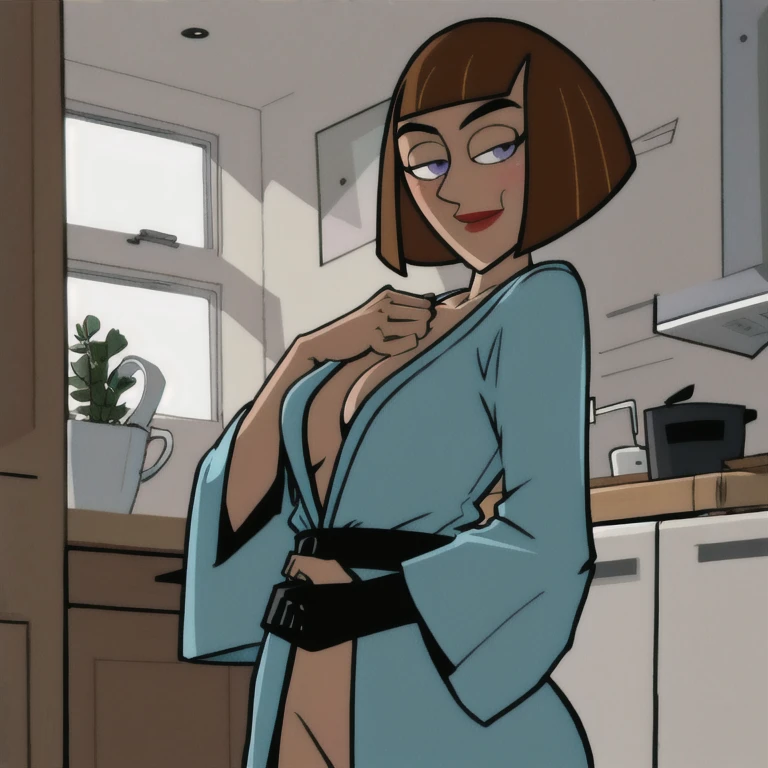 maddie fenton, looking at viewer, thinking about sex, wondering if it will work, in the kitchen, fully clothed, bathrobe, side-eye, showing off