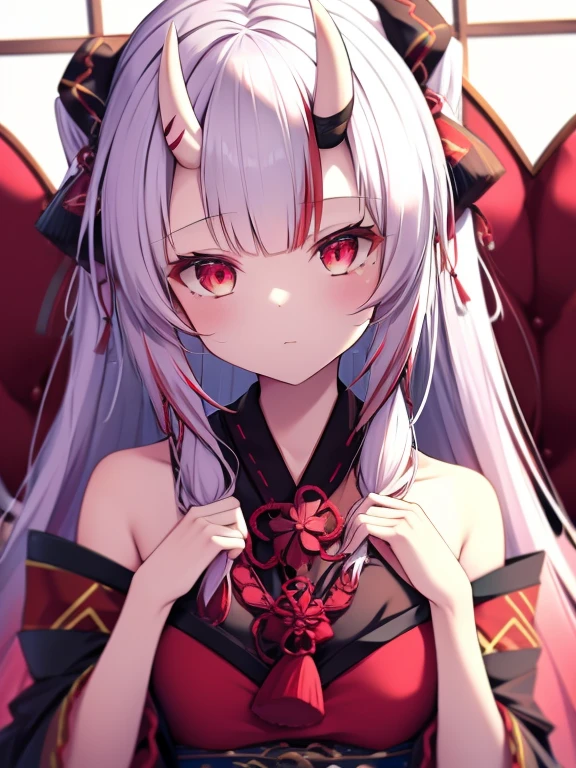 best quality, intricate details,1girl, nakiri ayame, oni horns, multicolor hair, long hair, red eyes, white hair, ini 