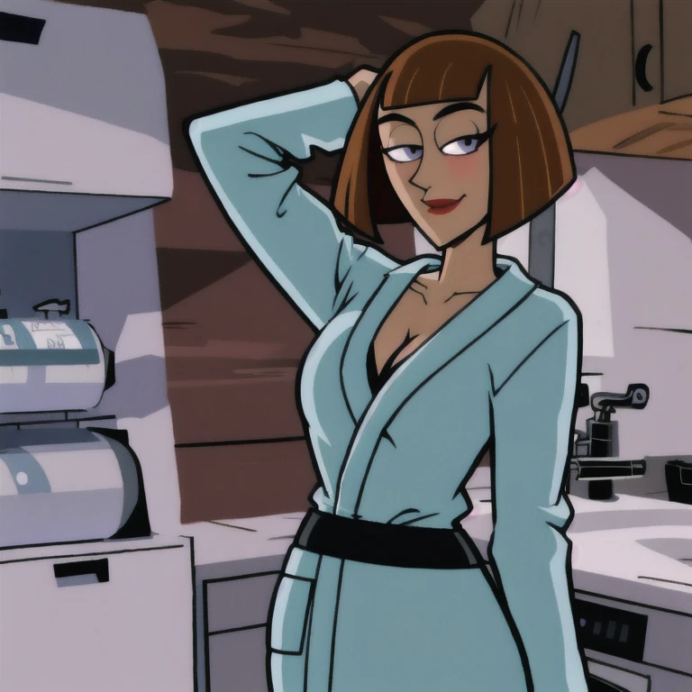 maddie fenton, looking at viewer, thinking about sex, wondering if it will work, in the kitchen, fully clothed, bathrobe, side-eye,
