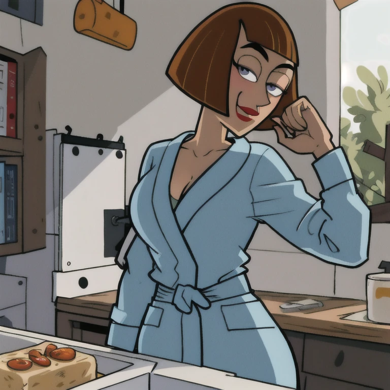maddie fenton, looking at viewer, thinking about sex, wondering if it will work, in the kitchen, fully clothed, bathrobe, side-eye, 