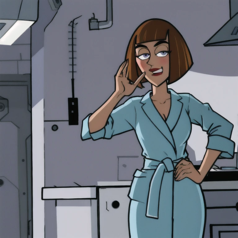 maddie fenton, looking at viewer, thinking about sex, wondering if it will work, in the kitchen, fully clothed, bathrobe, side-eye,
