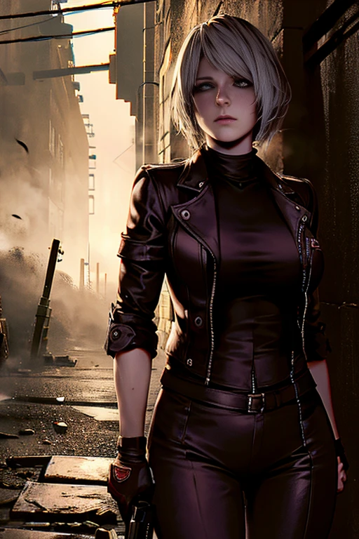 Ashley,Leon,Resident Evil 4,costume,detailed eyes and face,dressed up,nervous expression,action,night scene,emerging from shadows,foggy atmosphere,city street backdrop,urban setting,tense atmosphere,dark and gritty,realistic lighting,photorealistic,bokeh,highres,ultra-detailed,professional,sharp focus,vivid colors,Wesker lurking in background,handgun,flashlight,panic,struggling to survive,suspense,horror,thrilling,adventure