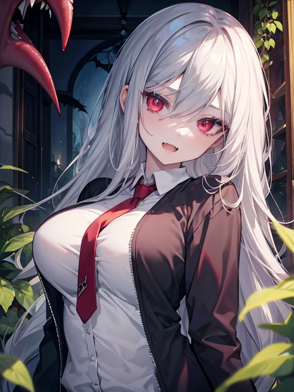 beautiful, masterpiece, best quality, 1girl, marceline abadeer, silver hair, clothed, clothing, fangs, grey body, grey skin, hair, long hair, looking at viewer, plant, solo, teeth, vampire, adventure time, a-,big breasts
