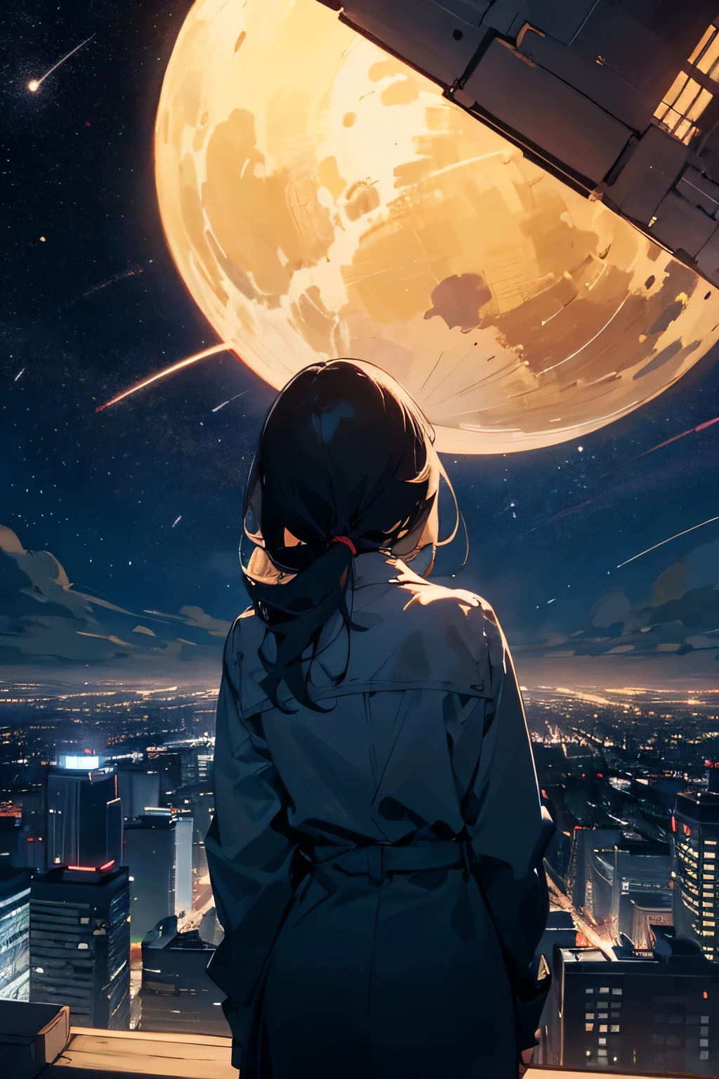 girl hands behind her back, , back view, looks at the stars, with the city in the background
