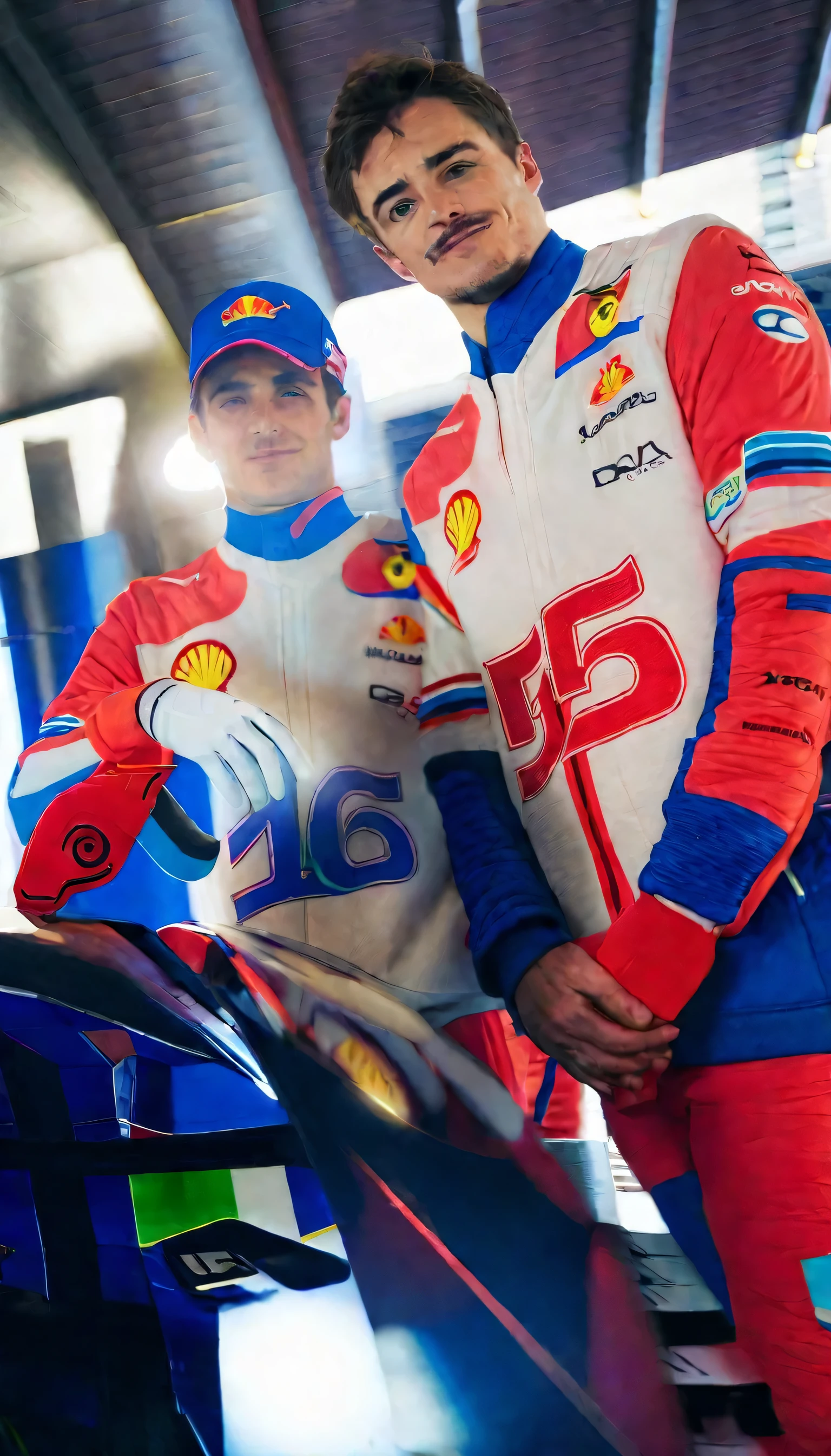 there are two men that are posing For a picture together, F 1 driver charles leclerc, Full Frame shot, Portrait shoot, F 1/4, The game is ready, Edited, sports, Shooting at eye level, italian garb the Future, center oF image, Italian masterpiece, F / 1, 🕹️ 😎 🔫 🤖 🚬, oFFicial, masterpiece