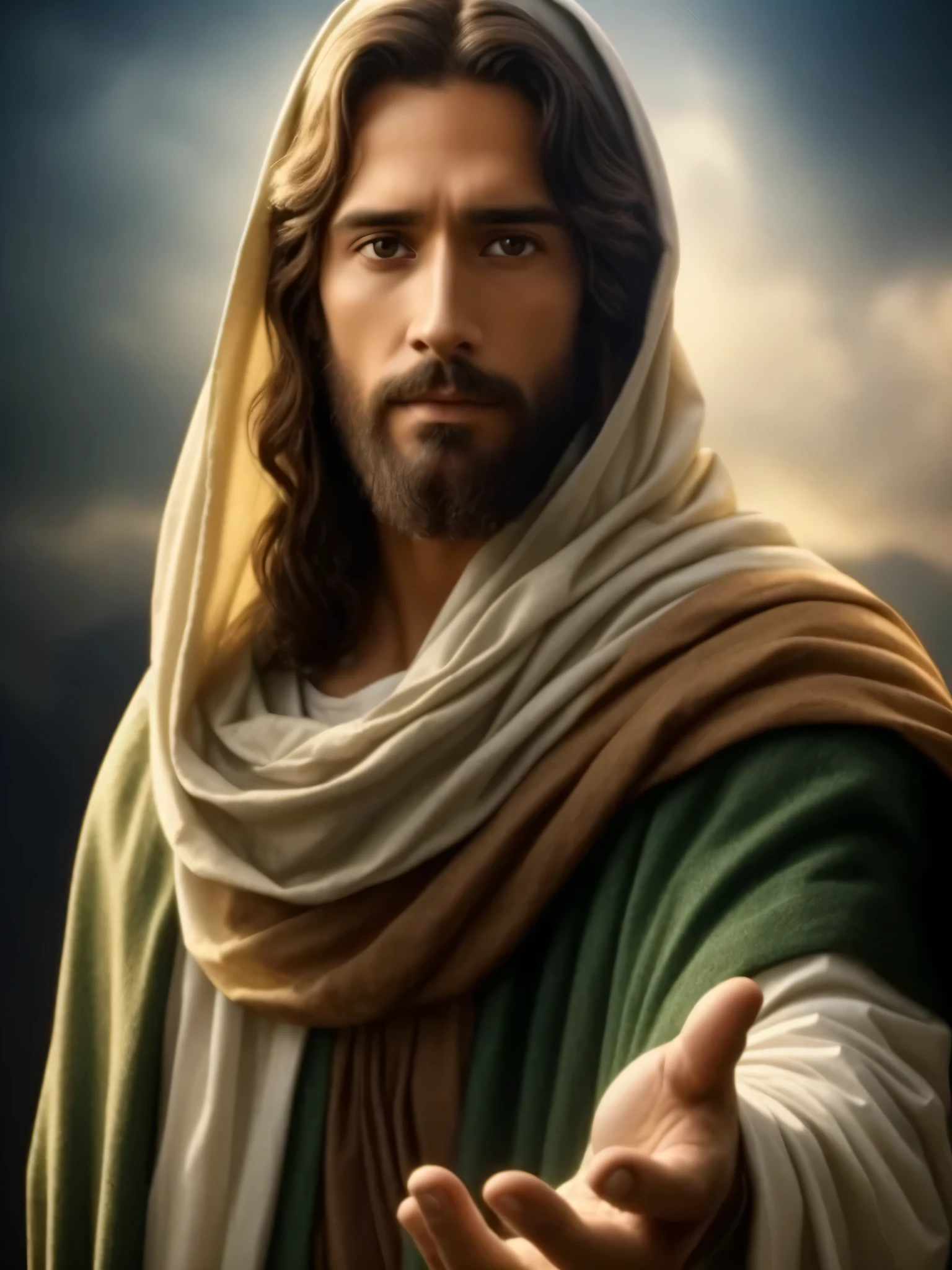 Jesus stretching his hands to heaven, Jesus Cristo, he is greeting you warmly, portrait of Jesus Cristo, Jesus of Nazareth, jovem deus todo-poderoso, o senhor e salvador, dressed like Jesus Cristo, rosto de jesus, Greg Olsen, jesus, gigachad jesus, ! holding in hand !, Christian art, imagens religiosas, Deus olhando para mim, Rei dos Reis