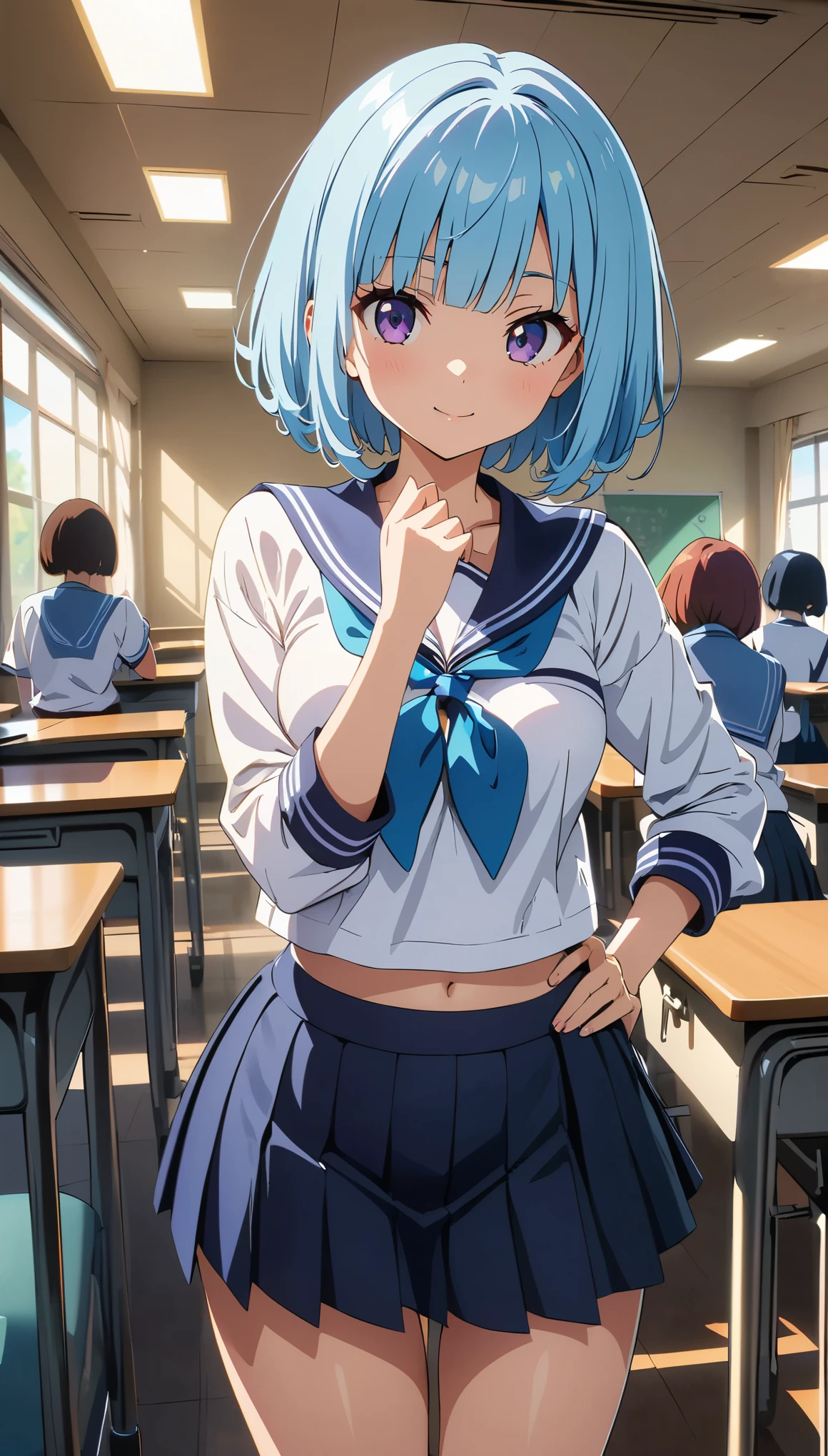 (anime artwork, anime style, studio anime, very detailed, up to date, vibrant, Anime Coloring, high contrast, masterpiece:1.2, best quality, best aesthetics), woman in sailor suit, pleated skirt, Medium chest, A glimpse of thighs, blue hair, bob cut, One eye is hidden by the bangs, perfect proportions, high detail skin, Cute, detailed faces, random sexy pose, school classroom, precise fingers,