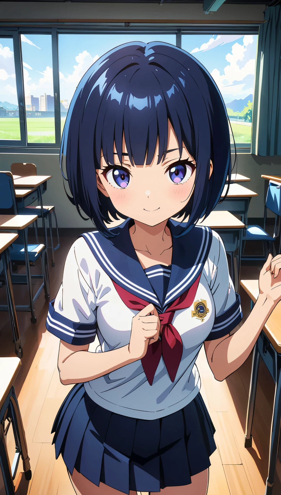 (anime artwork, anime style, studio anime, very detailed, up to date, vibrant, Anime Coloring, high contrast, masterpiece:1.2, best quality, best aesthetics), woman in sailor suit, pleated skirt, Medium chest, A glimpse of thighs, blue hair, bob cut, One eye is hidden by the bangs, perfect proportions, high detail skin, Cute, detailed faces, random sexy pose, school classroom, precise fingers,