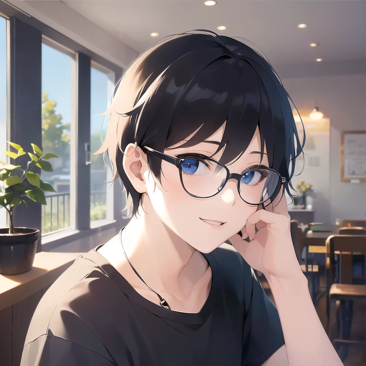 Upper body is shown、 (plastic frame eyewear:1.1)、masterpiece、highest quality、(25 year old male:1.5) and (black short hair) and (hair over eyes:1.5) and (blue eyes), plain black t-shirt、Are standing、smile、The background is the living room、(Alone:1.5)