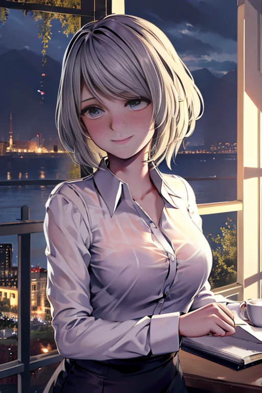 (8k, Best quality, Masterpiece: 1.2), (real, reality: 1.37), Very detailed, 1 girl, cute, Single, Beautiful detailed sky, Bespoke cafe, a night, He sits, history, ( Nose blush), (He smiles: 1.15), (Mouth closure) Small breasts, Beautiful details, (Collared shirt: 1.1), a night, sick, Business wear, rain, White lace, (short hair: 1.2), floating hair novafrogstyle,