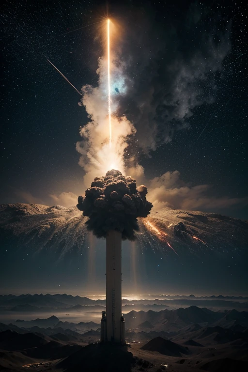 a japanese giant ULTRAMAN flying. With ruined japanese building. Full of cloud and dark night and light