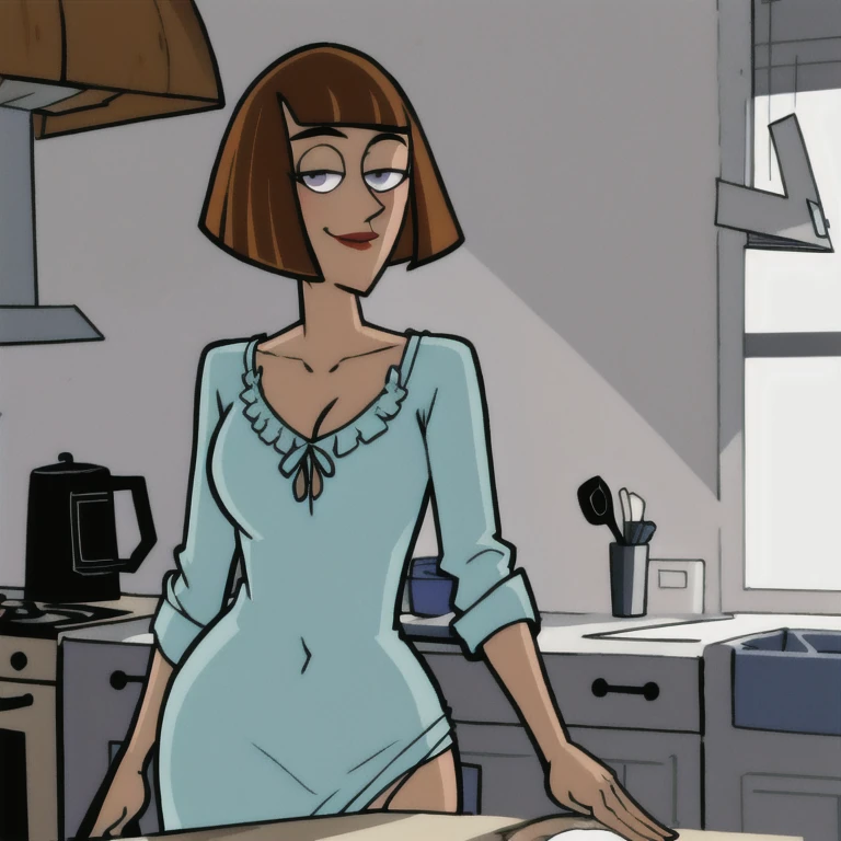 maddie fenton, looking at viewer, thinking about sex, wondering if it will work, in the kitchen, fully clothed, nightgown