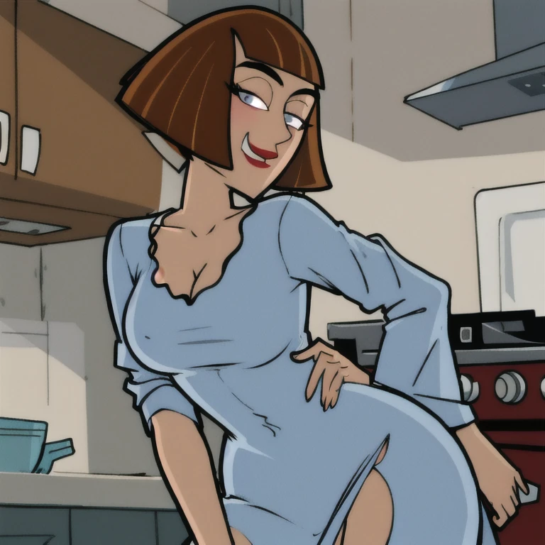 maddie fenton, looking at viewer, thinking about sex, wondering if it will work, in the kitchen, fully clothed, nightgown, side-eye