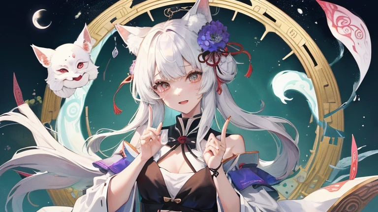 (table top, highest qualityの, highest quality, official art, beautiful and aesthetic:1.2), (1 girl:1.3), (fractal art:1.3),bill、Ghost Fire、Mononoke、similarly、ghost、Taoism、Yin Yang Dao、astrology、curse、white fox mask、Okame Mask、Like a face、occult、metaplasia、nine tailed fox、amulet、bill、Sealed bills、pentagram