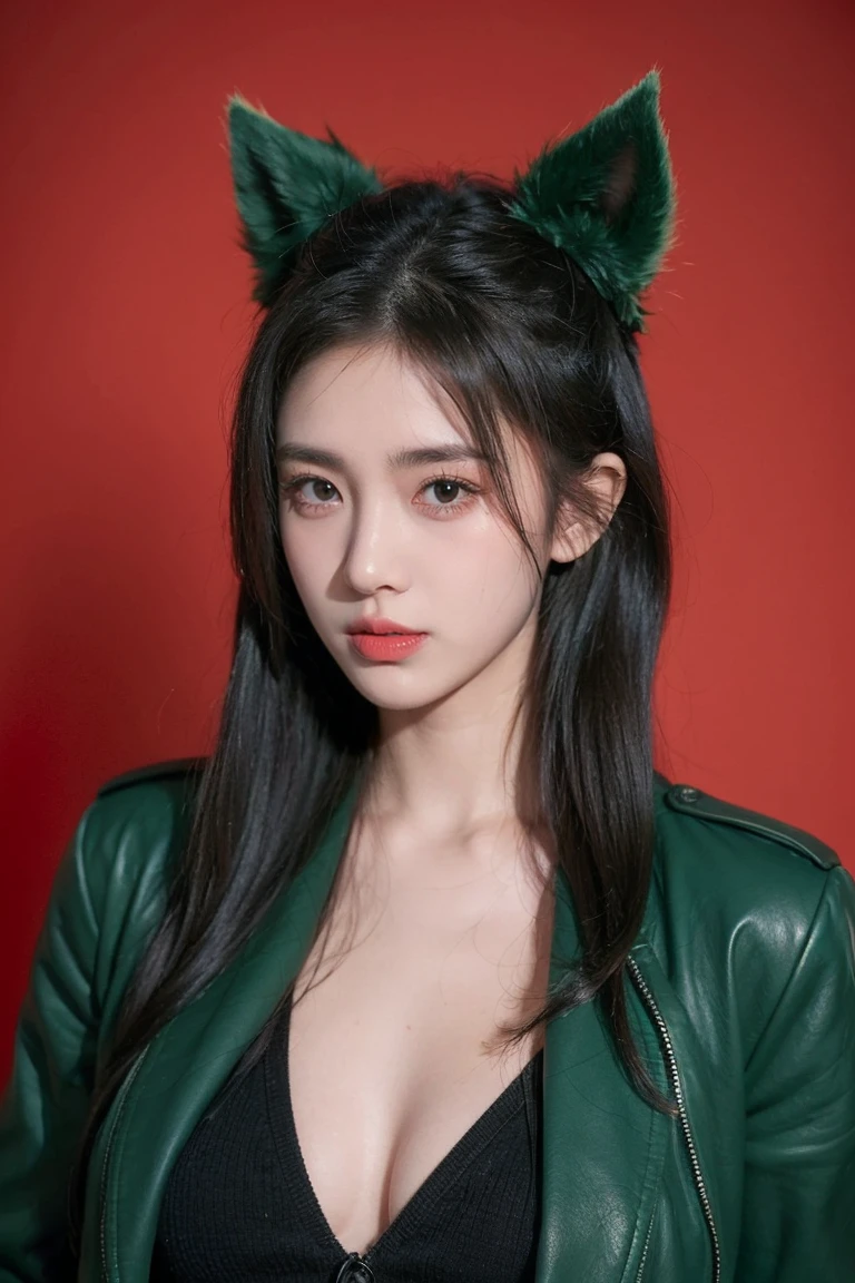 21yo girl, green hair, red background,