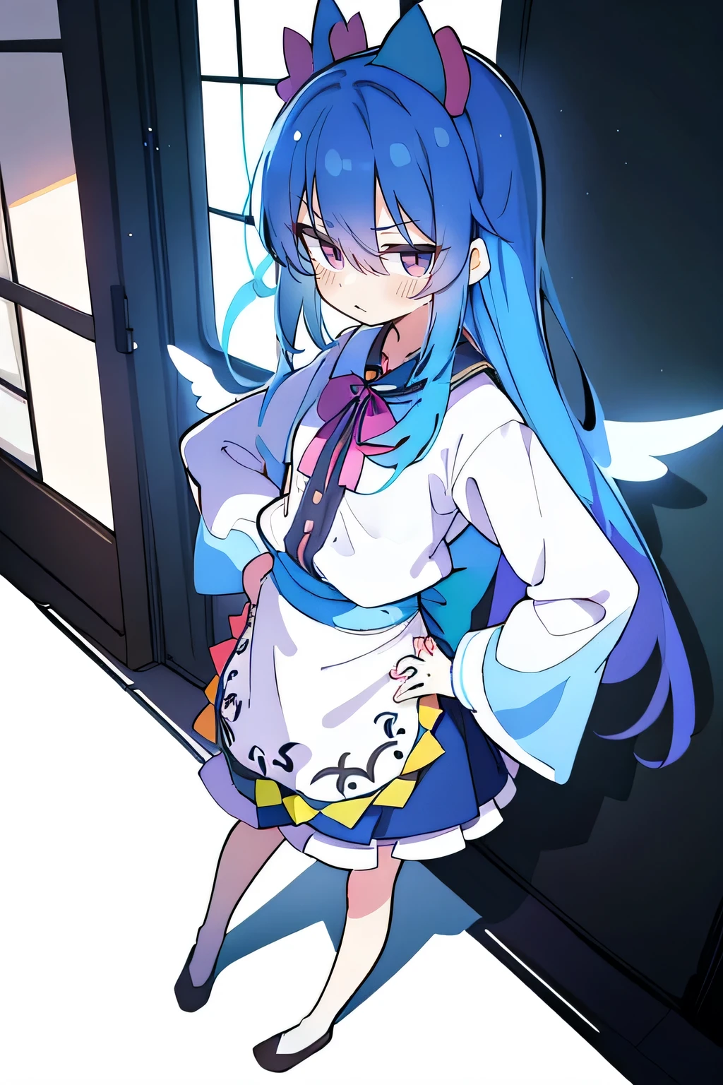 (masterpiece),best quality, expressive eyes, perfect face, 1girl,
Put your hands on your waist,fair, Gorgeous,Japanese cartoons,girl,lola,Hina Angel, blue hair, blue haired, floating clothes,Grab your waist, Grab your waist, hands on hips , hands on hips,sit, sit on ground, Legs on the ground, flat chest