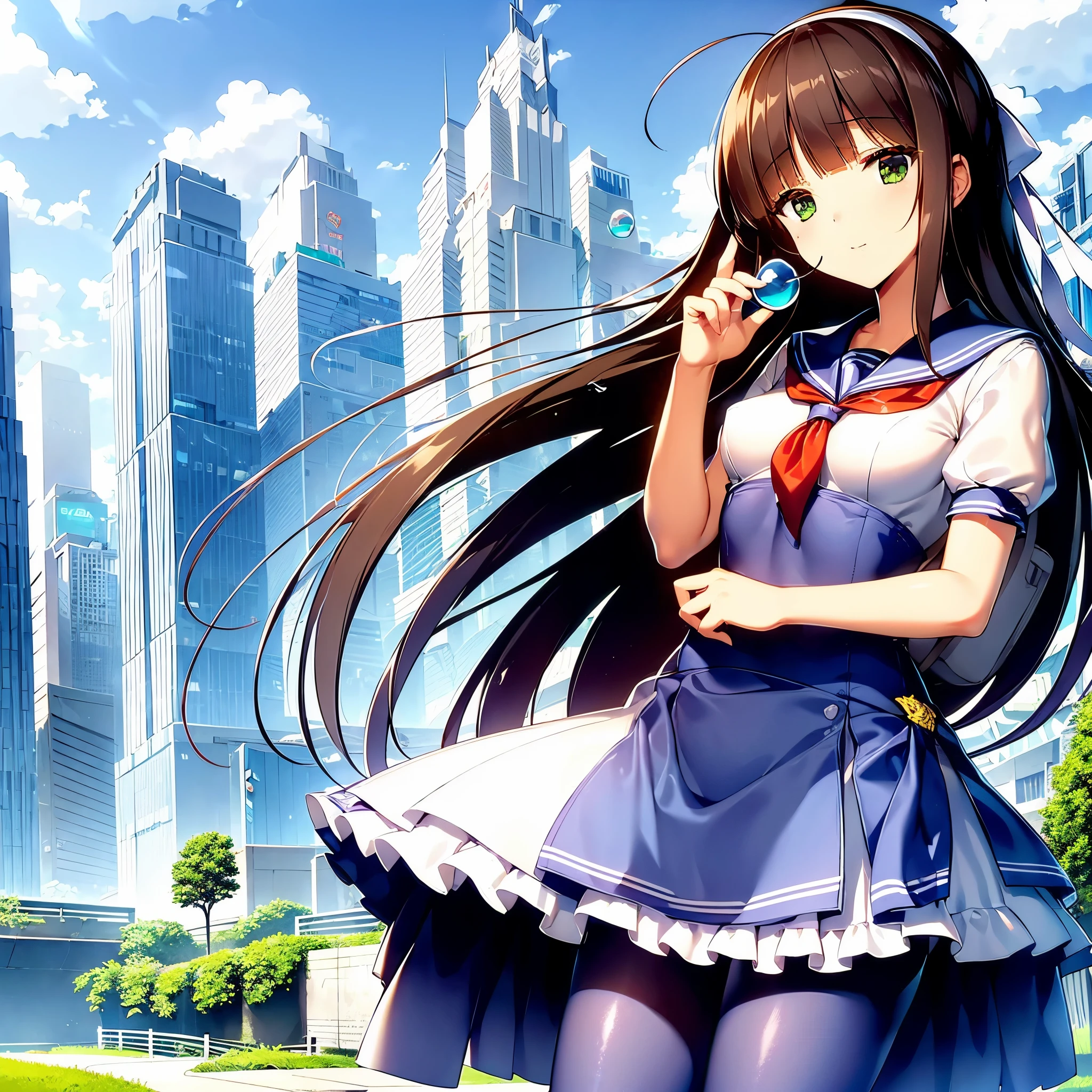 (best quality,4k,highres),ultra-detailed,realistic,portraits, Japaneese school girl, green eyes, long brown hair,anime style,futuristic, Frutiger Aero aesthetic, eco- modernism, bokeh, ribbon headband,small breast,futuristic sailor ****ta dress,puffy sleeves,white and blue,colorful lighting, red ribbon, navy blue pantyhose, school shoes, school bag, school crest, floating bubbles, standing in a green field with futuristic skyscrapers in the background, tertiary colors, highly detailed, 4K.