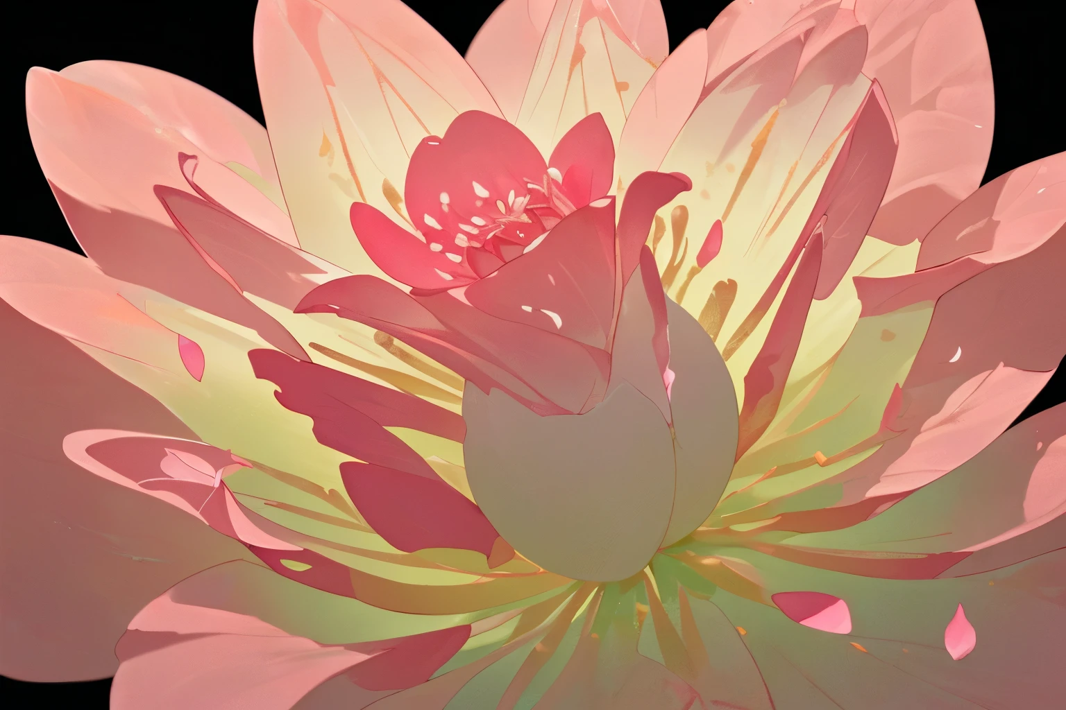 A blooming blossom of a rose, its delicate petals unfolding in a symphony of pink and crimson hues, intricately veined with threads of gold. Each tiny stamen is a masterpiece of nature, shimmering with dew in the early morning light. This stunning photograph captures the flower in perfect focus, every minute detail crystal clear and vibrant. The viewer is transported into a world of exquisite beauty, where the fragility of the bloom is juxtaposed against its vibrant colors in a mesmerizing display of nature's artistry.
