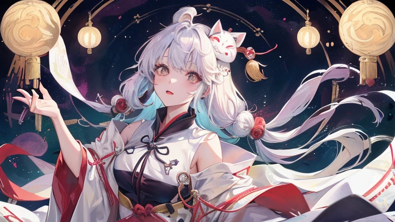 (table top, highest qualityの, highest quality, official art, beautiful and aesthetic:1.2), (1 girl:1.3), (fractal art:1.3),bill、Ghost Fire、Mononoke、similarly、ghost、Taoism、Yin Yang Dao、astrology、curse、white fox mask、Okame Mask、Like a face、occult、metaplasia、nine tailed fox、amulet、bill、Sealed bills、pentagram,Very beautiful fantasy background