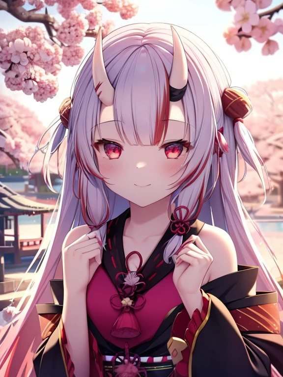 best quality, intricate details, 1 girl, nakiri ayame, oni horns, multicolored hair, long hair, red eyes, white hair, shrine, cherry blossom tree, smile, this