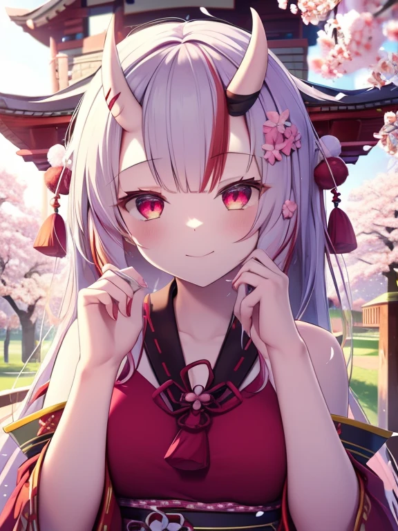 best quality, intricate details, 1 girl, nakiri ayame, oni horns, multicolored hair, long hair, red eyes, white hair, shrine, cherry blossom tree, smile, this