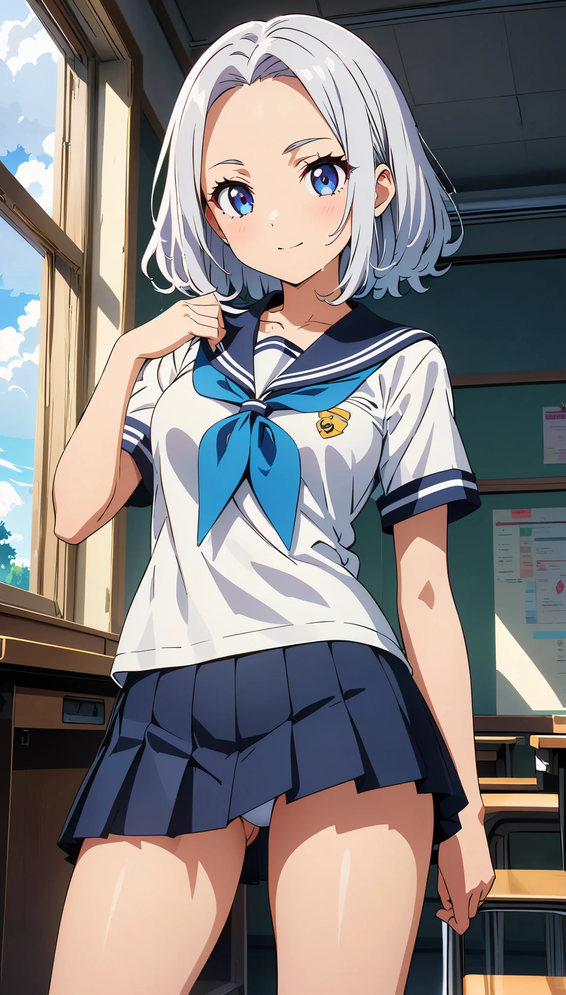 (anime artwork, anime style, studio anime, very detailed, up to date, vibrant, Anime Coloring, high contrast, masterpiece:1.2, best quality, best aesthetics), woman in sailor suit, pleated skirt, Medium chest, A glimpse of thighs, silver hair, shot cut, beautiful forehead, perfect proportions, high detail skin, Cute, detailed faces, random sexy pose, school classroom, precise fingers,