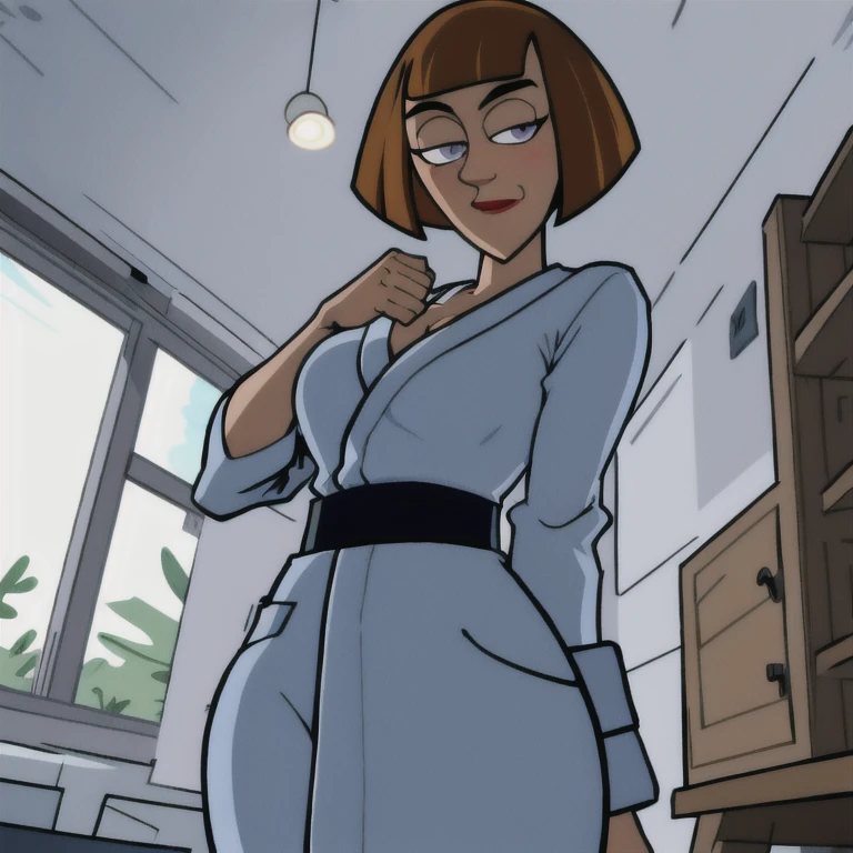 maddie fenton, looking at viewer, thinking about sex, wondering if it will work, in the kitchen, fully clothed, bathrobe, side-eye, horny, from below, towering over you, arrogant, viewer looking up