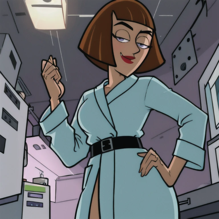 maddie fenton, looking at viewer, thinking about sex, wondering if it will work, in the kitchen, fully clothed, bathrobe, side-eye, horny, from below, towering over you, arrogant, viewer looking up