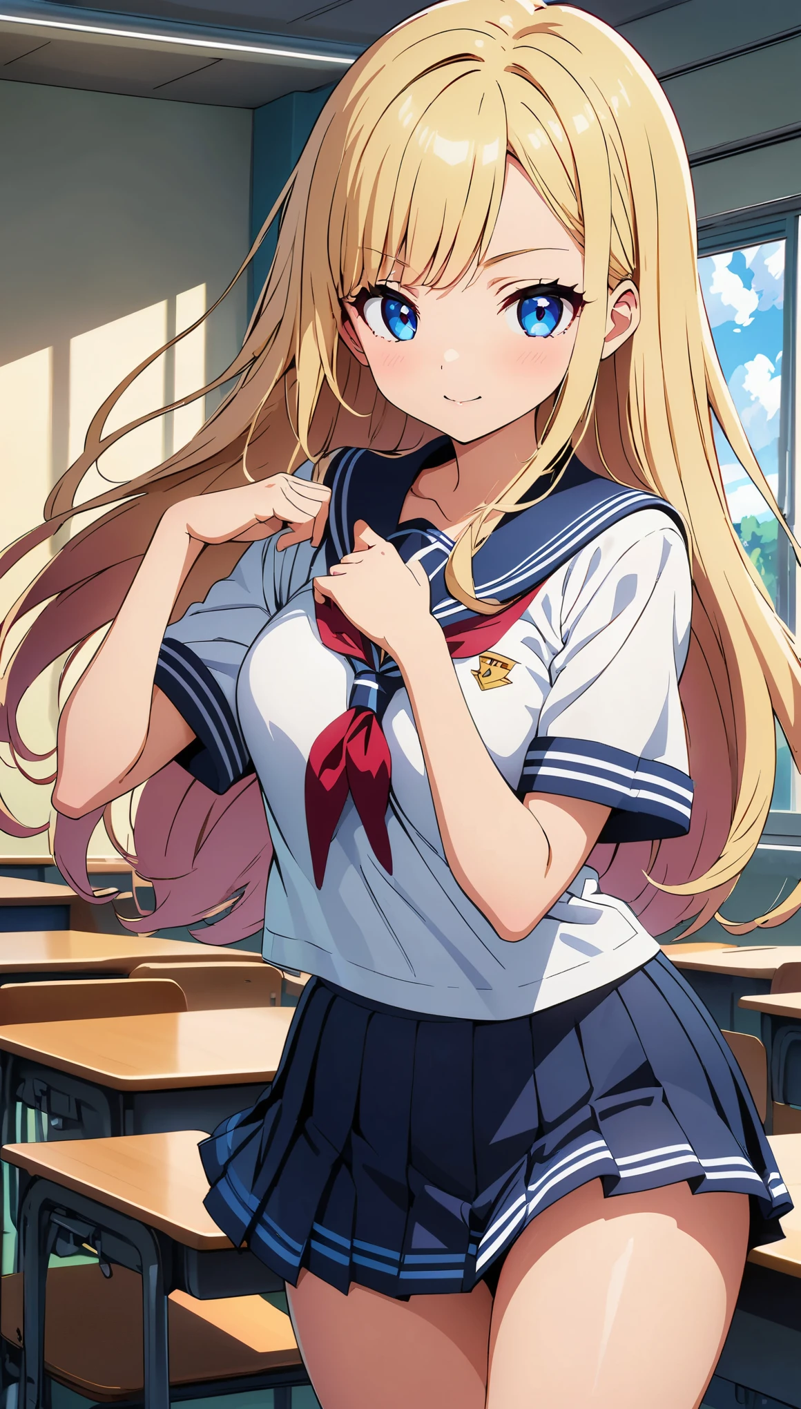 (anime artwork, anime style, studio anime, very detailed, up to date, vibrant, Anime Coloring, high contrast, masterpiece:1.2, best quality, best aesthetics), woman in sailor suit, pleated skirt, Medium chest, A glimpse of thighs, blonde, long straight hair, asymmetrical bangs, perfect proportions, high detail skin, Cute, detailed faces, random sexy pose, school classroom, (precise fingertips, Refers to 4, Thumb 1), 