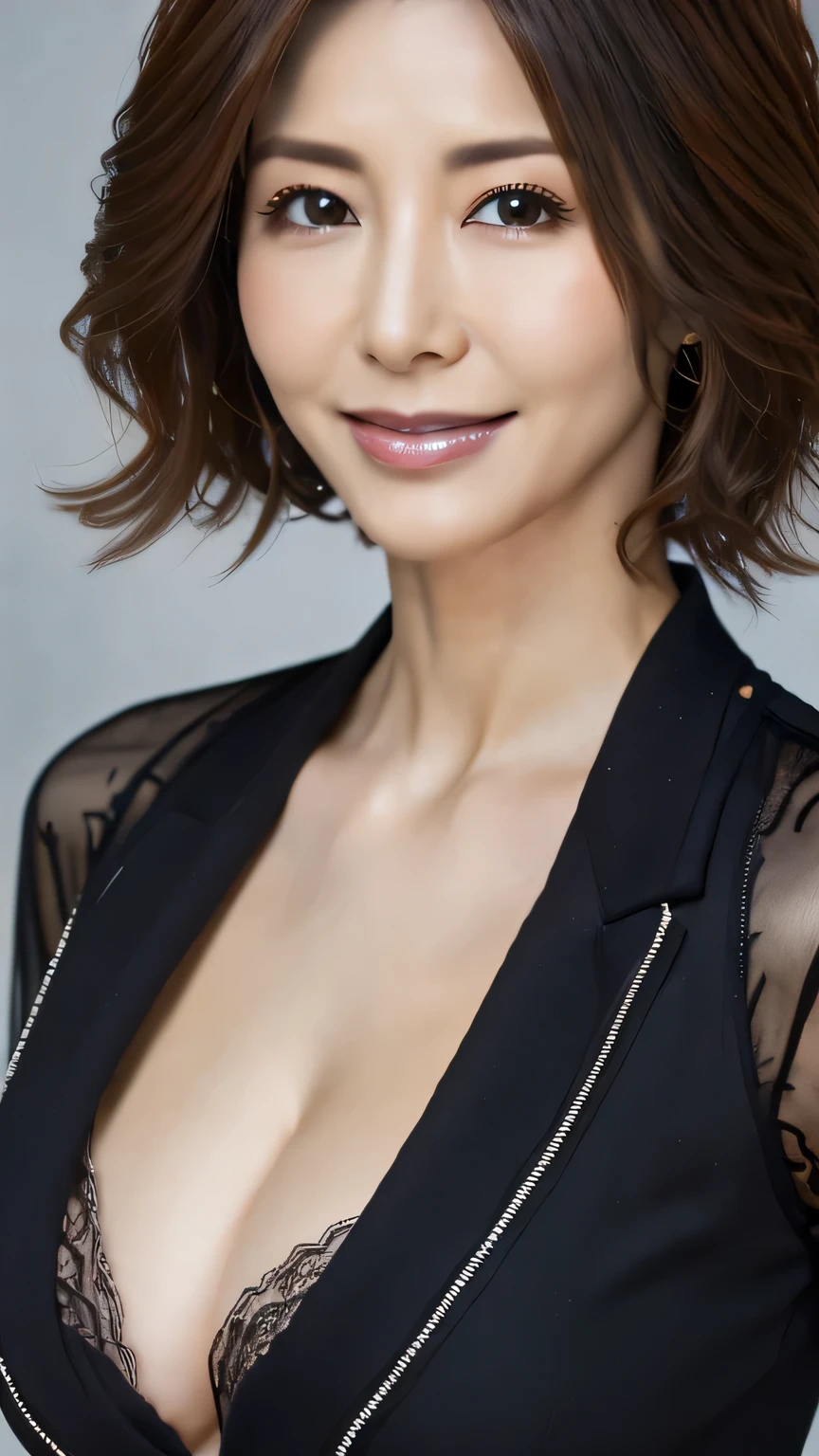 best quality, realistically, super detailed, detailed pubic hair, High resolution, solid color background,8k wallpaper, 1 beautiful woman,short curly hair details, wear a dark suit, lock focus, perfect dynamic composition, beautiful eyes, delicate hair, Detailed realistically skin texture, smile, close up portrait, model body shape