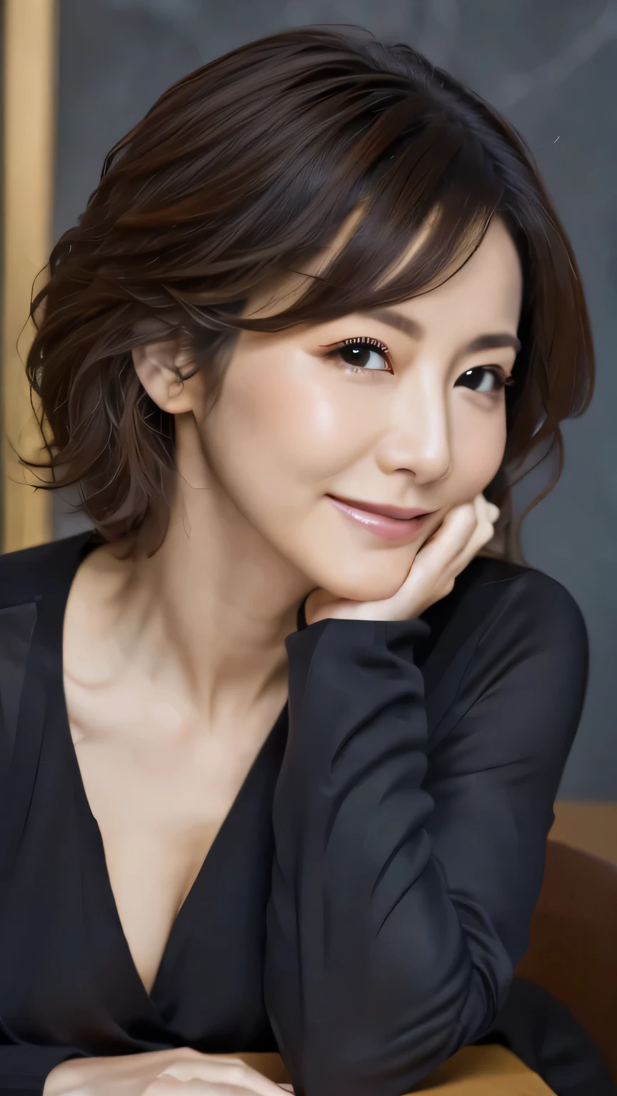 best quality, realistically, super detailed, detailed pubic hair, High resolution, solid color background,8k wallpaper, 1 beautiful woman,short curly hair details, wear a dark suit, lock focus, perfect dynamic composition, beautiful eyes, delicate hair, Detailed realistically skin texture, smile, close up portrait, model body shape