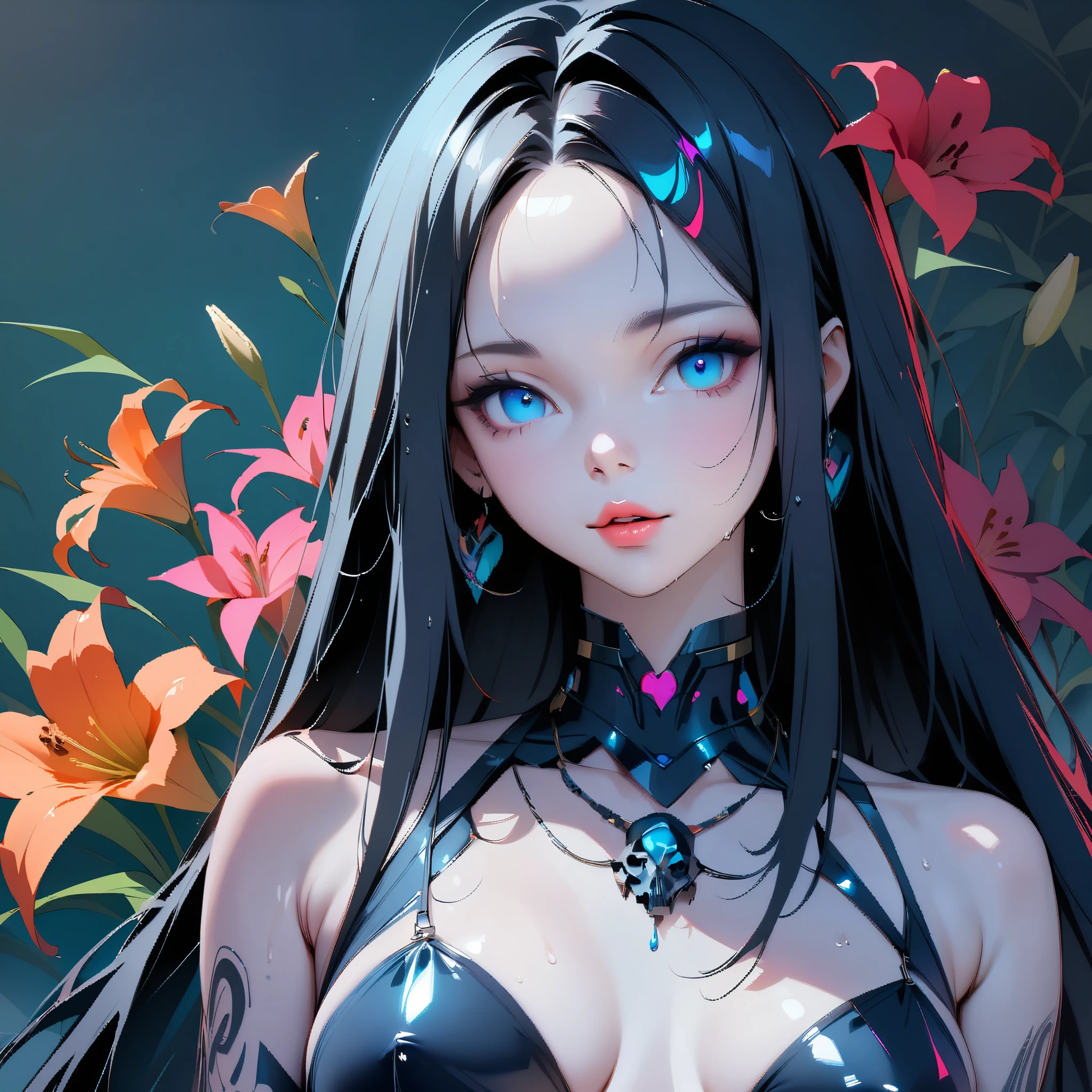 ((Create MaxZenArt!))_((One, 1 girl, tattoos, glowing tattoos, shiny, white-fluffy 16+), (skulls, flowers), (black transparent clothes-dress)), (sexy, erotic)) _((Delicate scarlet lips), (straight black hair - long, highlights, blue, cascading), (multi-colored shiny hair), (cool shine, wet straight hair))_((Stylization; clear line, clear outline, high-quality linear drawing, shading))_((Simple color palettes), (color fill, color richness, saturation, harmony, balance), (rich pastel colors, pure colors), (cyberpunk))_((Sexy, erotic), (simple , minimum accessories), (necklaces and thin rings made of silver or gold), (simple bracelets, unusual designs, simple silhouettes), (erotic style))_((Background),(abstract minimalism), (stunning cybernetic flowers), ( lilies, extremely unusual, long stems - large stems, skulls, flowers)).