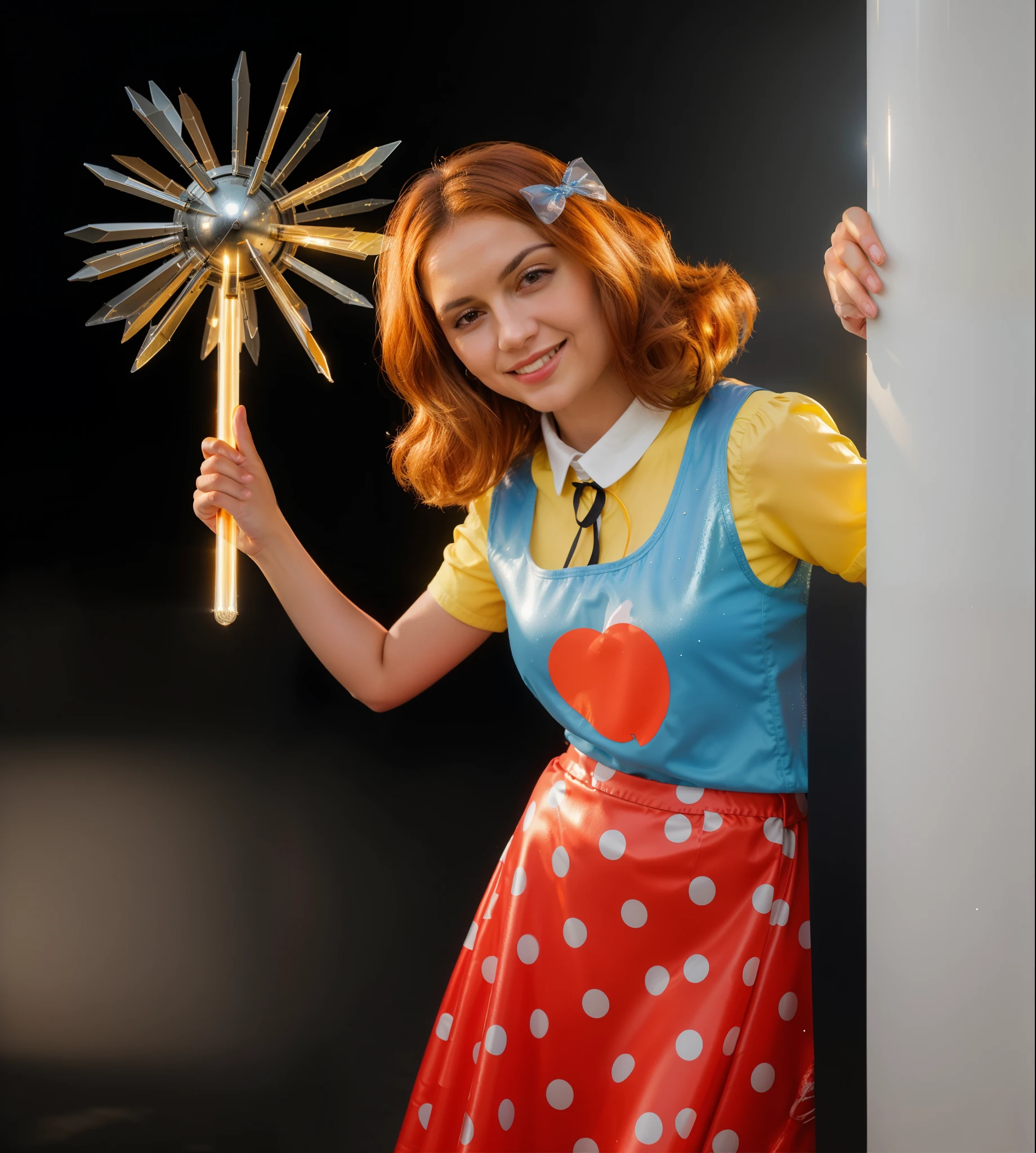 A woman with orange hair and a blue and red dress is peeking out from behind a wall. she is holding a mace, rim light, multiple light sourses/ woman looks like a doll. doll cosplay, cartoon doll girl with a mace in her hand, doll, game character, videogame character, creepy doll, large creepy smile, doll with creepy smile and red eyes, insane, she ia holding death star mace in hand, doll toy, glossy texture, smooth 3d model, multiple light sources, rim light, sharp post effects render, (glossy plastic texture with multiple big light probe refractions), perfect cgi, smooth silhouette, high intensity refraction, (super glossy material), most beautiful vfx, blue background, plastic refractions, realistic, 4k, high resolution, rim light, she is flying, she is laying on the floor, photo shoot, commercial photo, profile shot, 4k, rim light, high resolution, 4k, glossy texture, smooth 3d model, multiple light sources, rim light, sharp post effects render, (glossy metallic texture with multiple big light probe refractions), perfect cgi, cgi art created only with gradients, smooth silhouette, high intensity refraction, (super glossy chrome material), most beautiful vfx, blue background, chrome metal refractions, multiple light sources, rim light, sharp post effects render, perfect cgi, anthropomorphic cat, digital art, detailed digital art, reflective, best quality, 4k, masterpiece:1.2, ultra-detailed, realistic, vivid colors, dark and moody lighting, The image of the highest quality, ensuring every detail showcased perfectly. It in 4k resolution, allowing viewers to immerse themselves in the richness of the colors and intricate details. The realistic rendering. under the spotlight, reflecting, high-resolution image, realistic rendering, dark background, and rim light photorealistic
