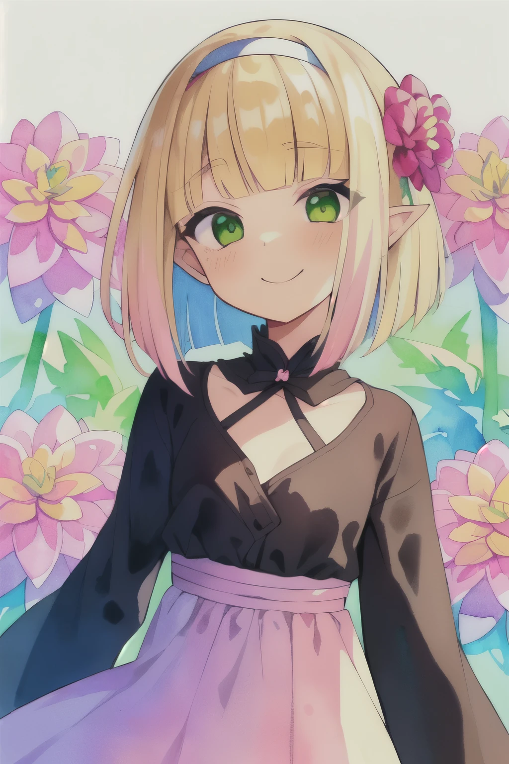 (Dahlia flowers:1.2), colored pencils \(Moderate\),  (dreamy watercolor), (high color saturation:1.2), global illumination, Scattered beneath the surface, pretty girl (green eyes:1.2) (Blonde blunt bangs bob hair:1.2) pointed ears (pink hair band:1.2) (flat:1.2) chest, long sleeve, casual dress
(Dahlia flowers), (Dahlia flowers束を持っている:1.2),
portrait,
shy, smile, blush
(flower background:1.4)
