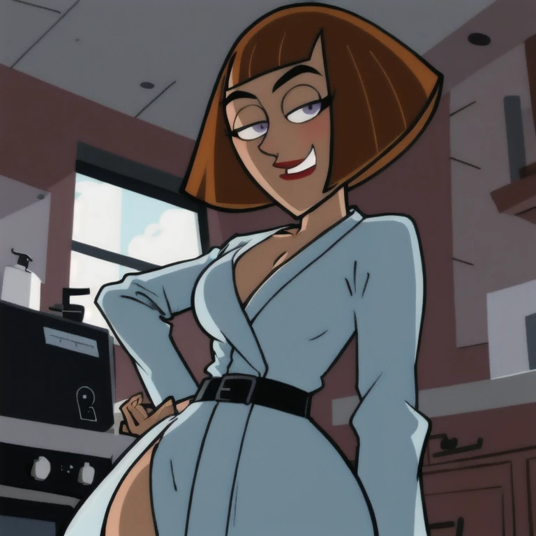 maddie fenton, looking at viewer, thinking about sex, wondering if it will work, in the kitchen, fully clothed, bathrobe, side-eye, horny, from below, towering over you, arrogant, viewer looking up, teasing you, big tease
