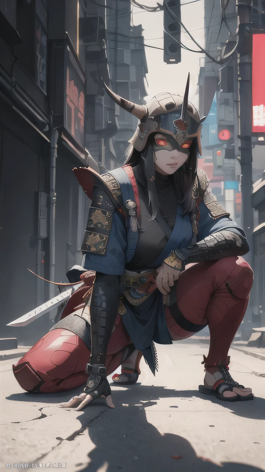 Hyperrealistic version of a woman kneeling down with a sword in her hand, very beautiful cyberpunk samurai, anime cyberpunk art, cyberpunk samurai, cyberpunk anime art, anime cyberpunk, cgsociety 9, digital cyberpunk anime art, style of maciej kuciara.1girl, samurai armor, helmet oni evil mask,intricate, ornaments detailed, cold colors, metal, egypician detail, highly intricate details, realistic light, trending on cgsociety, glowing eyes, facing camera, neon details, ultra realistic details, portrait full body, japanese atmosphere, global illumination, shadows, octane render, 8k, ultra sharp.cool lolita.