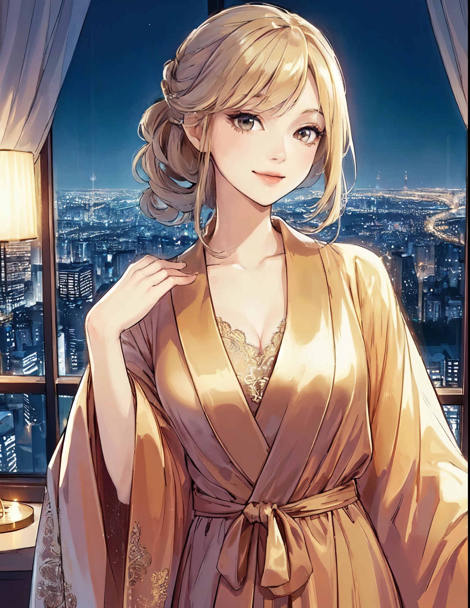 1lady solo, sitting, (navy robe) stylish, mature female, /(beige blond hair/) bangs, kind smile, (masterpiece best quality:1.2) delicate illustration ultra-detailed, large breasts BREAK (stylish luxury room) indoors, window, night cityscape, detailed background