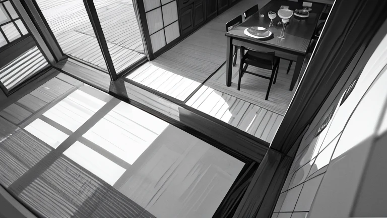monochrome,masterpiece, male focus,illustration, best quality, best aathetic,
Japanese Kitchen,long shot,Low angle and full shot, Bird’s eye view from above,