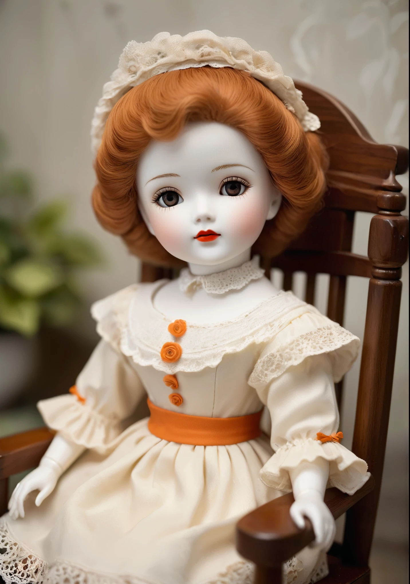 Antique bisque doll、White face made of porcelain、Slightly red cheeks、orange lipstick、Wearing a cute dress、sitting in a chair、Perfect lighting、high detail、High level image quality、High color rendering、High resolution、surreal、photo-realistic