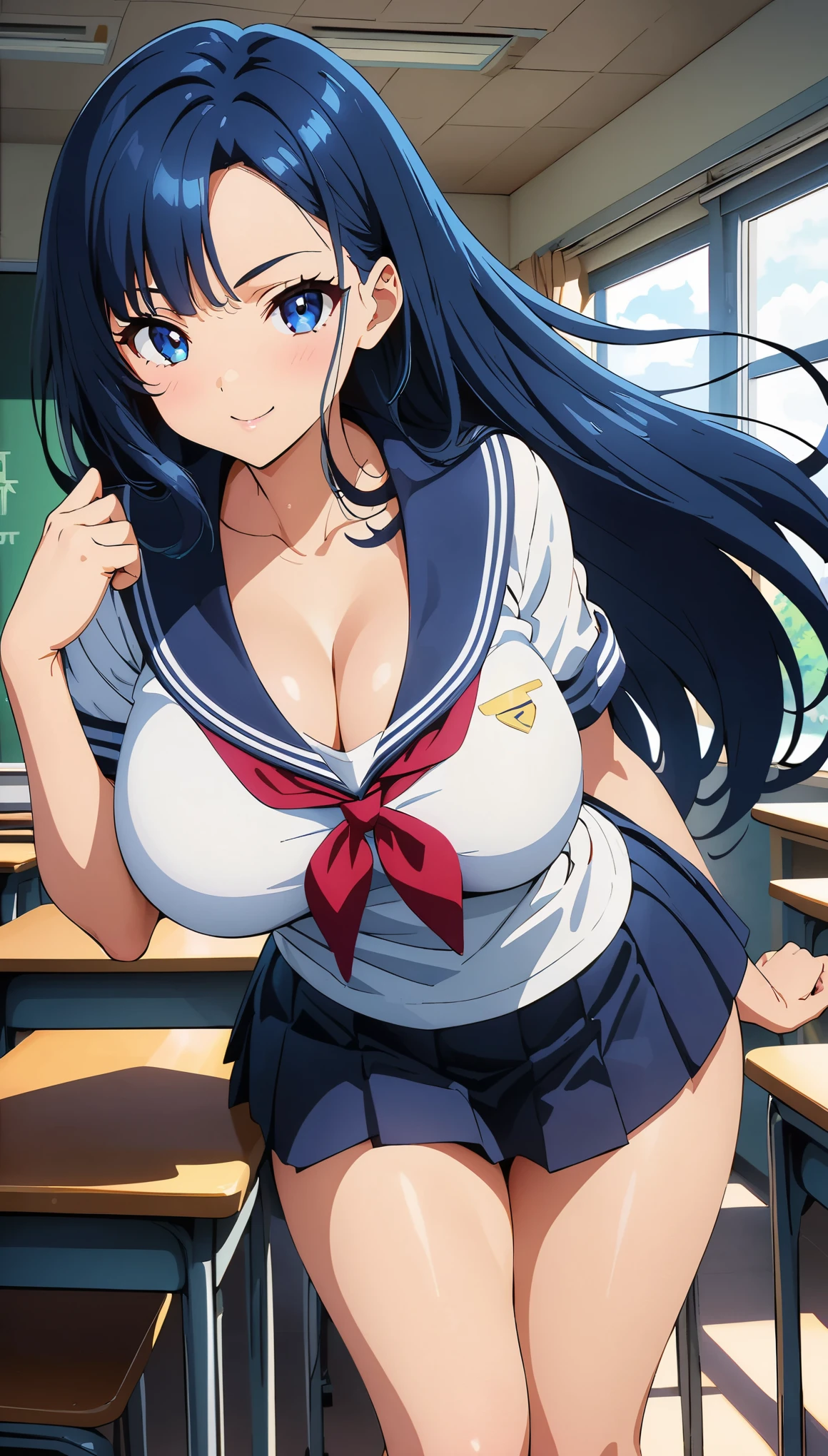 (anime artwork, anime style, studio anime, very detailed, up to date, vibrant, Anime Coloring, high contrast, masterpiece:1.2, best quality, best aesthetics), woman in sailor suit, pleated skirt, big breasts, A glimpse of thighs, blue hair, long straight hair, asymmetrical bangs, perfect proportions, high detail skin, Cute, detailed faces, random sexy pose, school classroom, (precise fingertips, Refers to 4, Thumb 1),