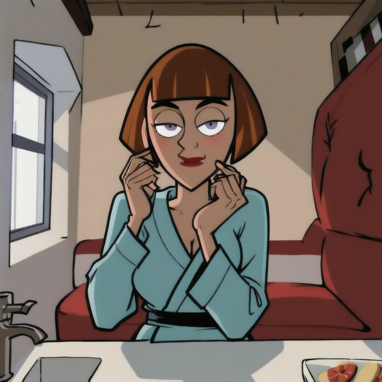 maddie fenton, looking at viewer, thinking about sex, wondering if it will work, in the kitchen, fully clothed, bathrobe, side-eye, horny, from above, looking up at you, red cheeks, embarrassed, very horny
