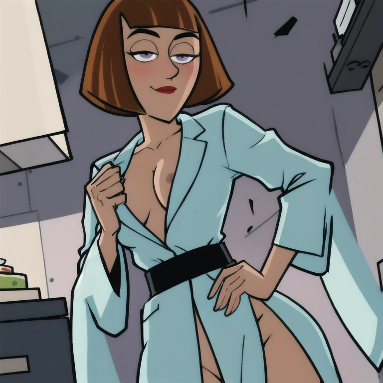 maddie fenton, looking at viewer, thinking about sex, wondering if it will work, in the kitchen, fully clothed, bathrobe, side-eye, horny, from above, looking up at you, red cheeks, embarrassed, very horny