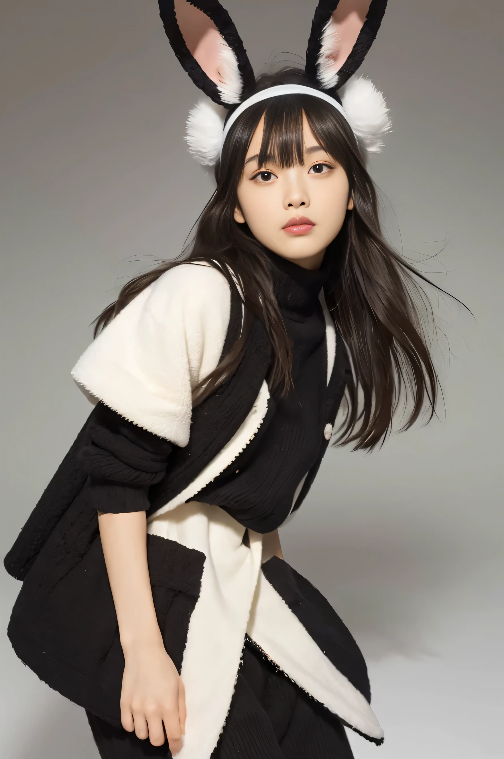 (black semi-long hair:1.2),(thick and fluffy bangs),(rabbit ears headband),Beautiful woman,1 person,kind eyes,distorted silhouette: Incorporating distorted shapes and asymmetrical designs、Express Comme des Garcons&#39; Distinctive style。Contrasting color palette:or combine contrasting colors、It exudes a modern and sophisticated atmosphere that is characteristic of Comme des Garcons.。.。.。.。Avant-garde details: creative design changes and、、、、Combining different materials、Incorporate decorative accents、give a unique impression。Layering: Layering multiple clothes and materials、create depth and complexity。play of textures: Combine different textures and materials、Increase visual and tactile interest。gravure pose,full body shot,shot from below