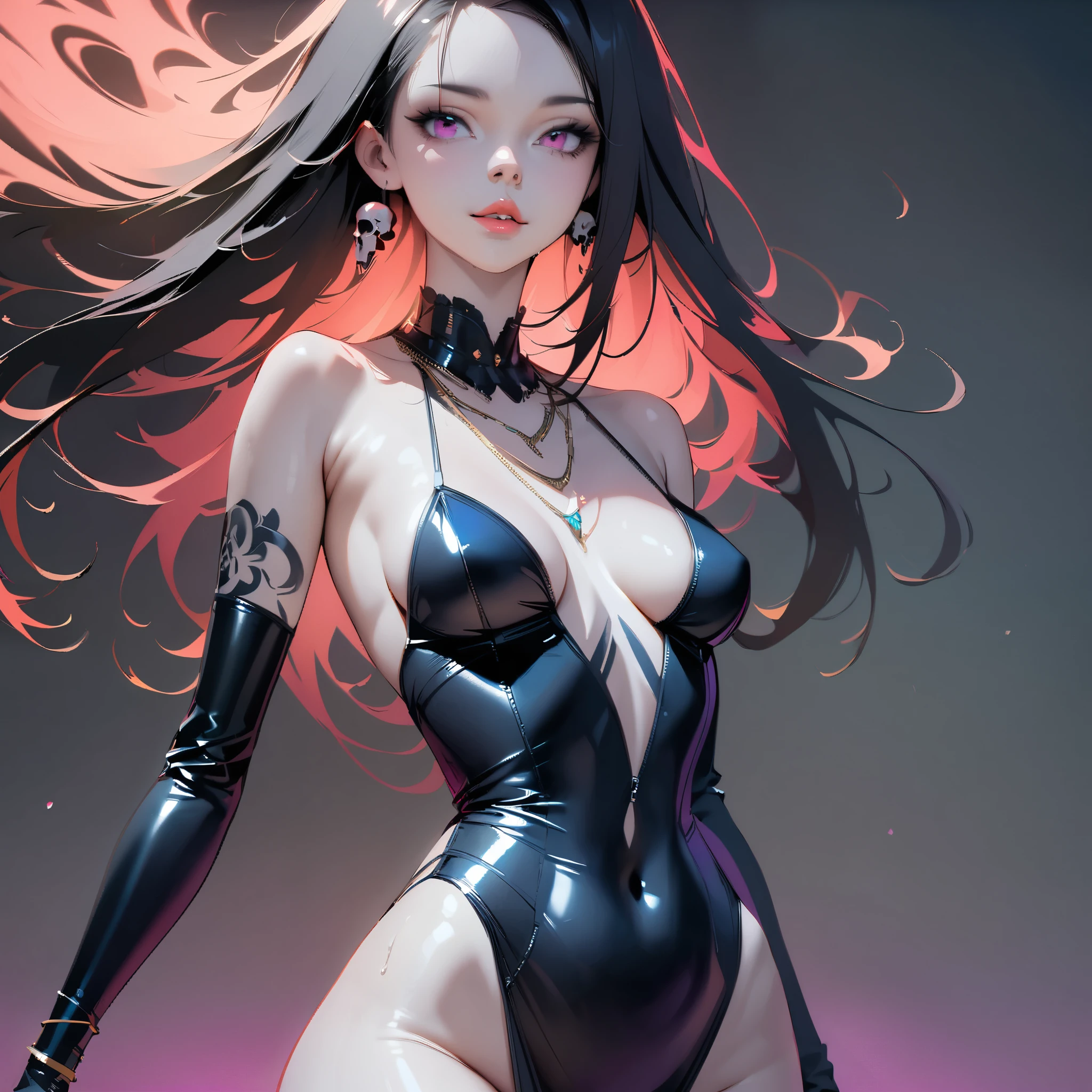 ((Create MaxZenArt!))_((One, 1 girl, tattoos, glowing tattoos, shiny, white-fluffy 16+), (skulls, flowers), (black transparent clothes-dress)), (sexy, erotic)) _((Delicate scarlet lips), (straight black hair - long, highlights, blue, cascading), (multi-colored shiny hair), (cool shine, wet straight hair))_((Stylization; clear line, clear outline, high-quality linear drawing, shading))_((Simple color palettes), (color fill, color richness, saturation, harmony, balance), (rich pastel colors, pure colors), (cyberpunk))_((Sexy, erotic), (simple , minimum accessories), (necklaces and thin rings made of silver or gold), (simple bracelets, unusual designs, simple silhouettes), (erotic style))_((Background),(abstract minimalism), (stunning cybernetic flowers), ( lilies, extremely unusual, long stems - large stems, skulls, flowers)).