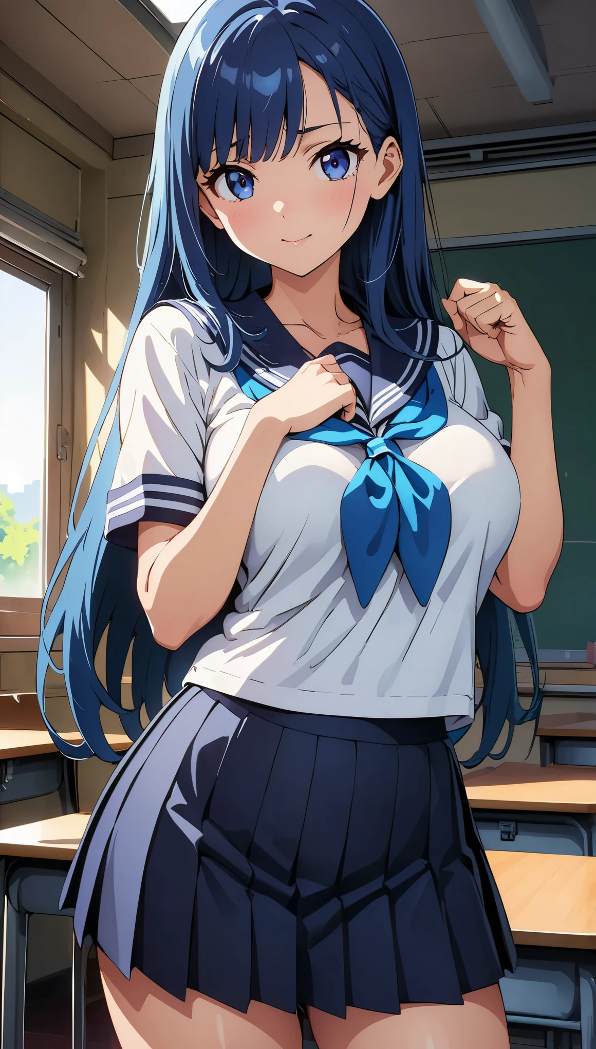 Score 9, Score 8 up, Score 7 up, The rating is questionable,
Detailed Background, Shiny skin,Reika Aoki,
Reika Aoki, straight long blue hair, blunt bangs, blue eyes, nanairogaoka middle , blue necktie, long sleeves, blue top,nsfw,panties,Good,taking off clothes,,large breasts,whole body,thin,surprised face,daytime,in the classroom,anime style,high quality,masterpiece,highly detailed