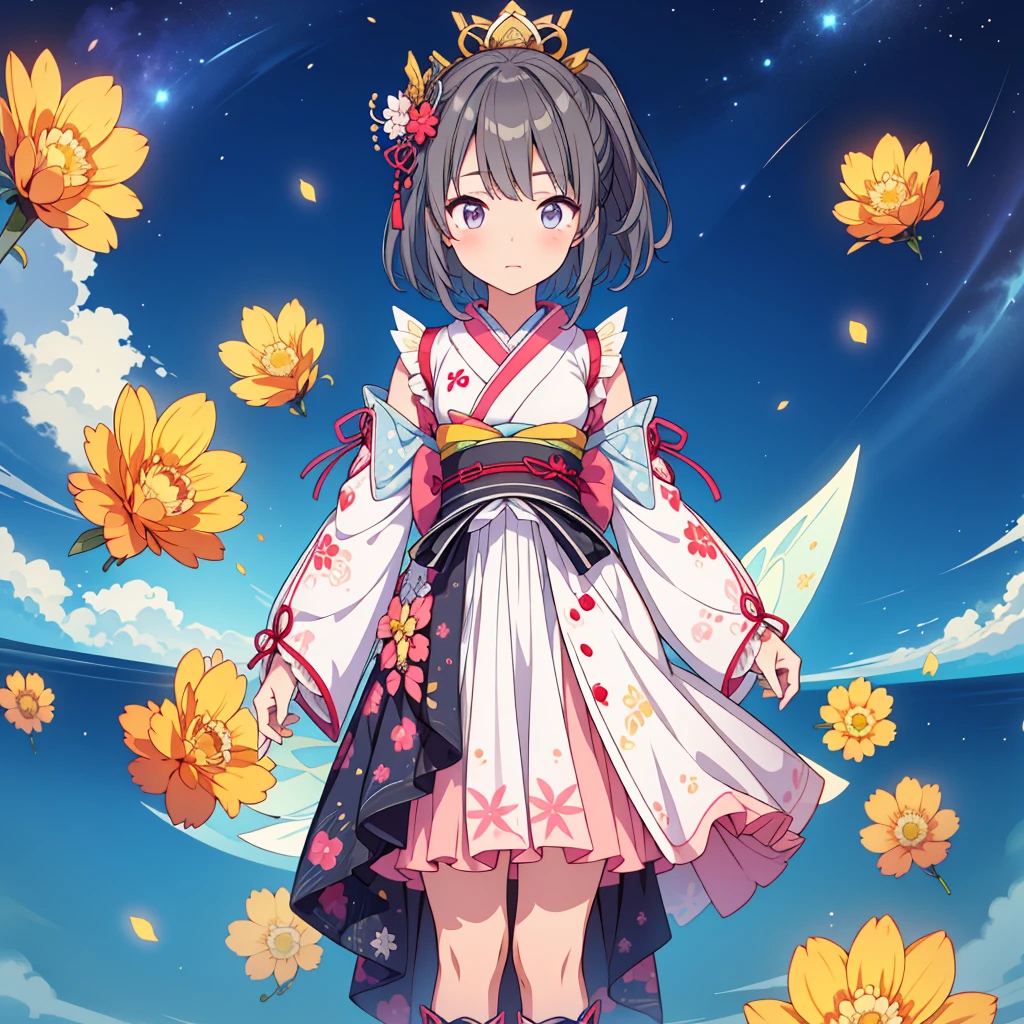highest quality、8K,handsome face、vtuber-halfbody、A picture of the front straight towards the viewer、Star Fairy、Full body front portrait、front、1girl,highest quality、masterpiece、official art、Super detailed、super beautiful、Cute Star Fairy、gray short hair、Milky Way、universe、star charm、star、baby face、Knee-high boots、Japanese pattern dress、A beautiful girl wearing black and white clothes that are a remake of a yukata.、Oiran frill dress reminiscent of universe、